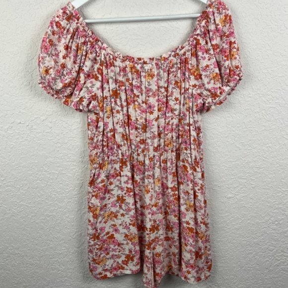 AUW Womens L Multicolor Floral Romper Cinched Waist Pleated Bust Keyhole Tie - Picture 5 of 8